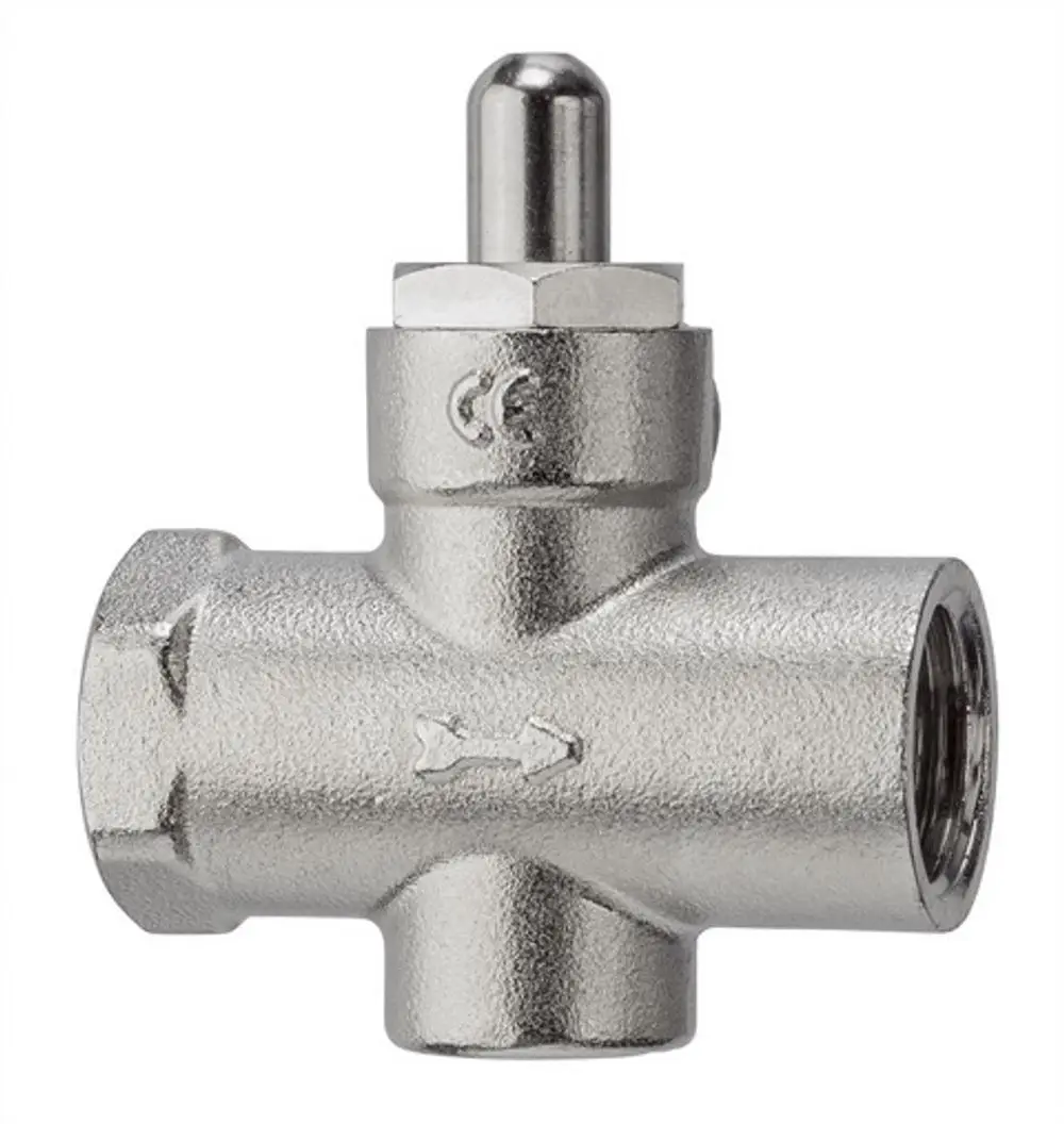 Pneumatischer Druckknopfhahn aus vernickeltem Messing mit Anschlussgewinde, hergestellt von IMI Hydronic Engineering. Klarer Aufbau mit einer zentralen Betätigung.